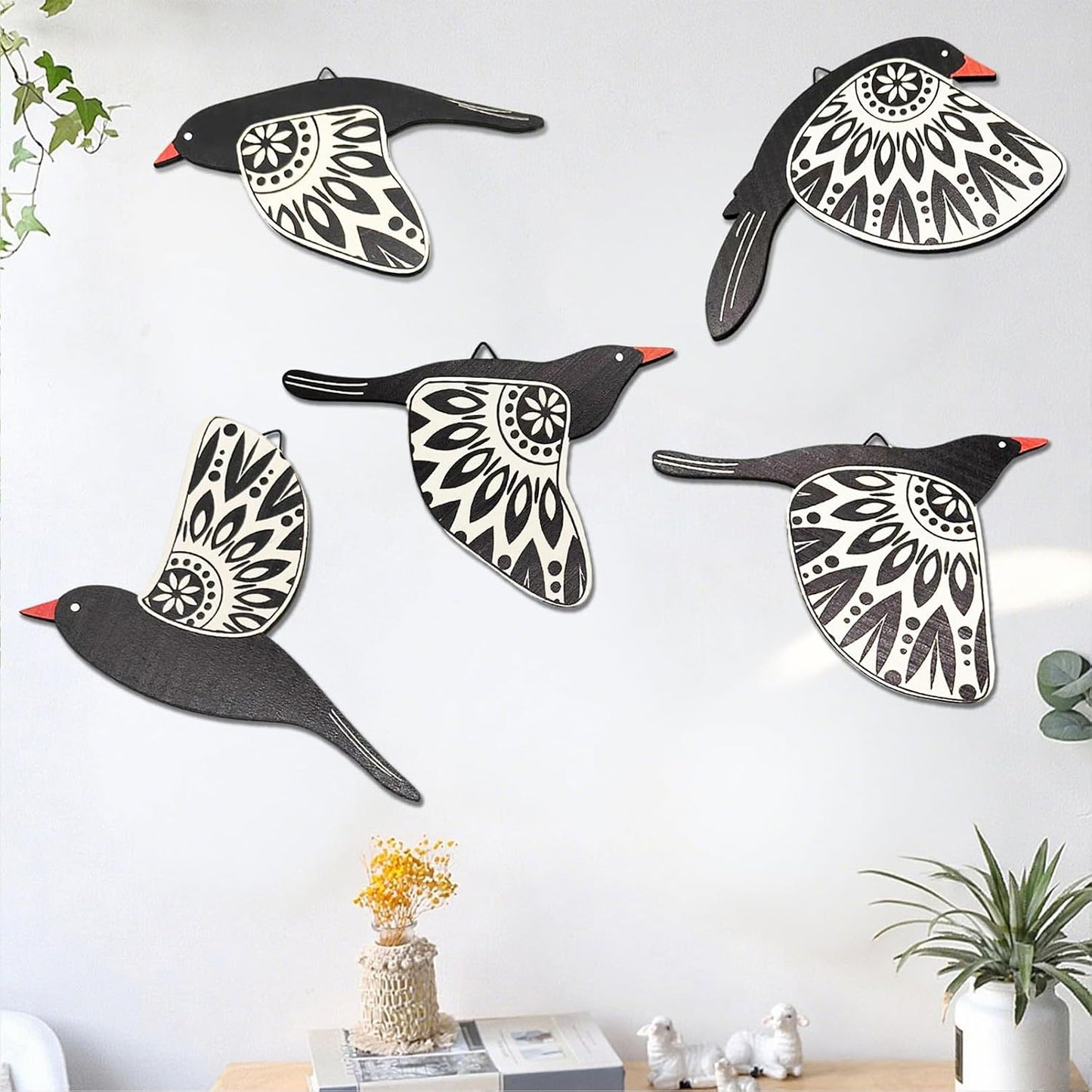 EMINGSKY 5 Pcs Wooden Bird Wall Art Wood Flying Birds Wall Decor Boho Rustic Folk Art Home Decor for Gift Living Room Bedroom Kitchen Office(Black) BST326H