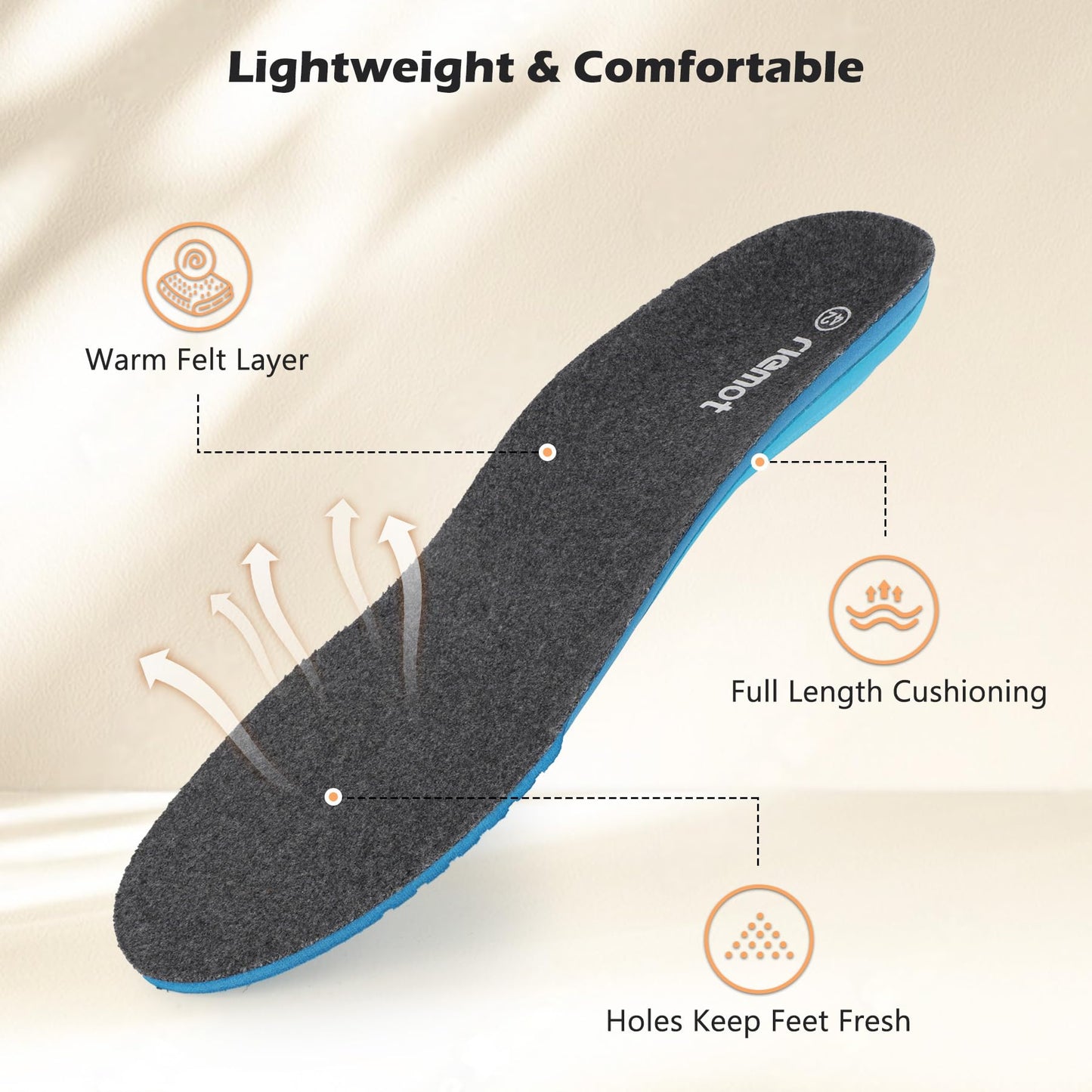 riemot Merino Wool Felt Insoles for Men Women, Cushioned Arch Support Shoe Inserts Relieve Foot Pains, Sport Insole Replacement Inserts for Boots Sneakers Grey EU 46 WN420