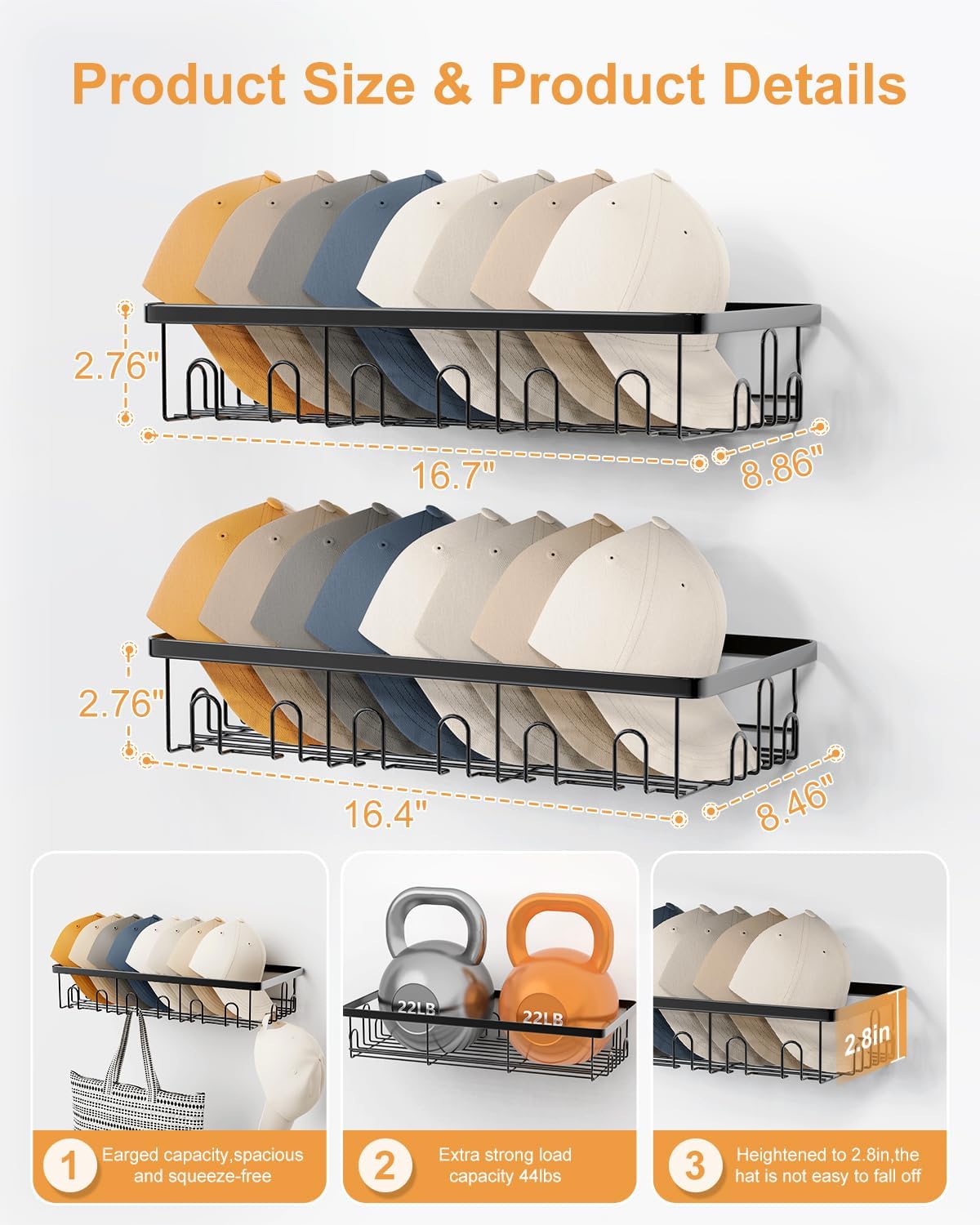 Hat Rack for Wall, 2 Pack Large Hat Organizer with More Hooks, Holds 56 Caps, Metal Wall Mounted Hat Holder for Baseball Caps, Closet Bedroom Kitchen Bathroom, Black WN420