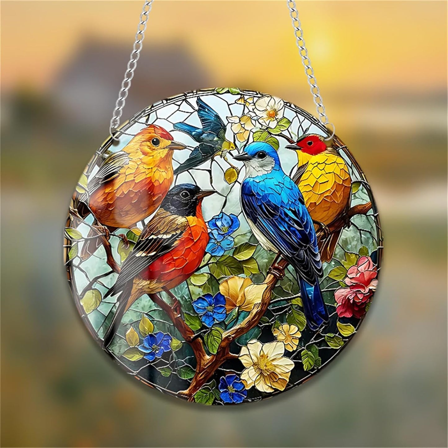 Sparrow Stained Suncatchers for Windows Birds on a Branch Flowers Natural Scenery Hanging Acrylic Panels, Bedroom Garden Kitchen Wall Art Decoration Gifts for Women Mom Grandma Teacher BST220
