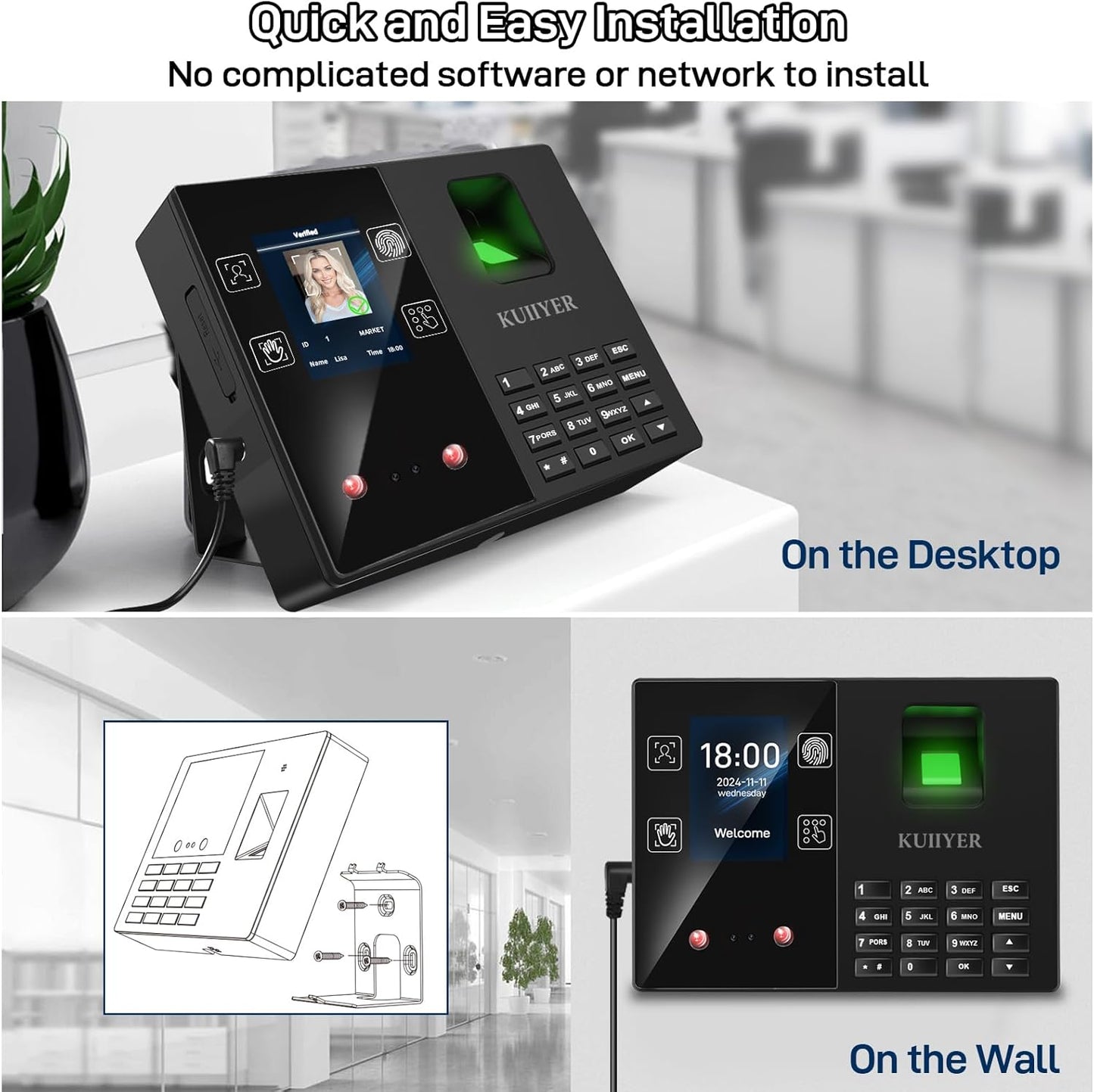 KUIIYER 4 in 1 Employees Time Clocks for Small Business (Face + Fingerprint + Palm Print + PIN) Employee Clock in & Out Machine Biometric Attendance Punch Clock Recorder Tracker (No Monthly Fee)