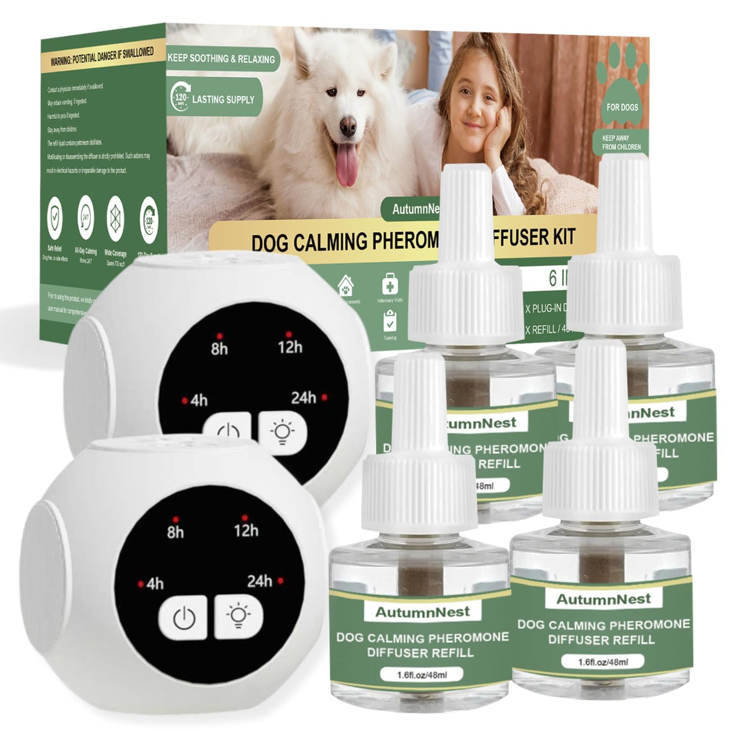 8-in-1 Dog Calming Pheromone Diffuser Kit – Pet Stress Support (2 Plug-Ins & 6x48ml Refills), Calming Diffuser for Dog During Thunderstorms, Travel, Separation, Fireworks & Vet Visits, 180-Day Supply WN420