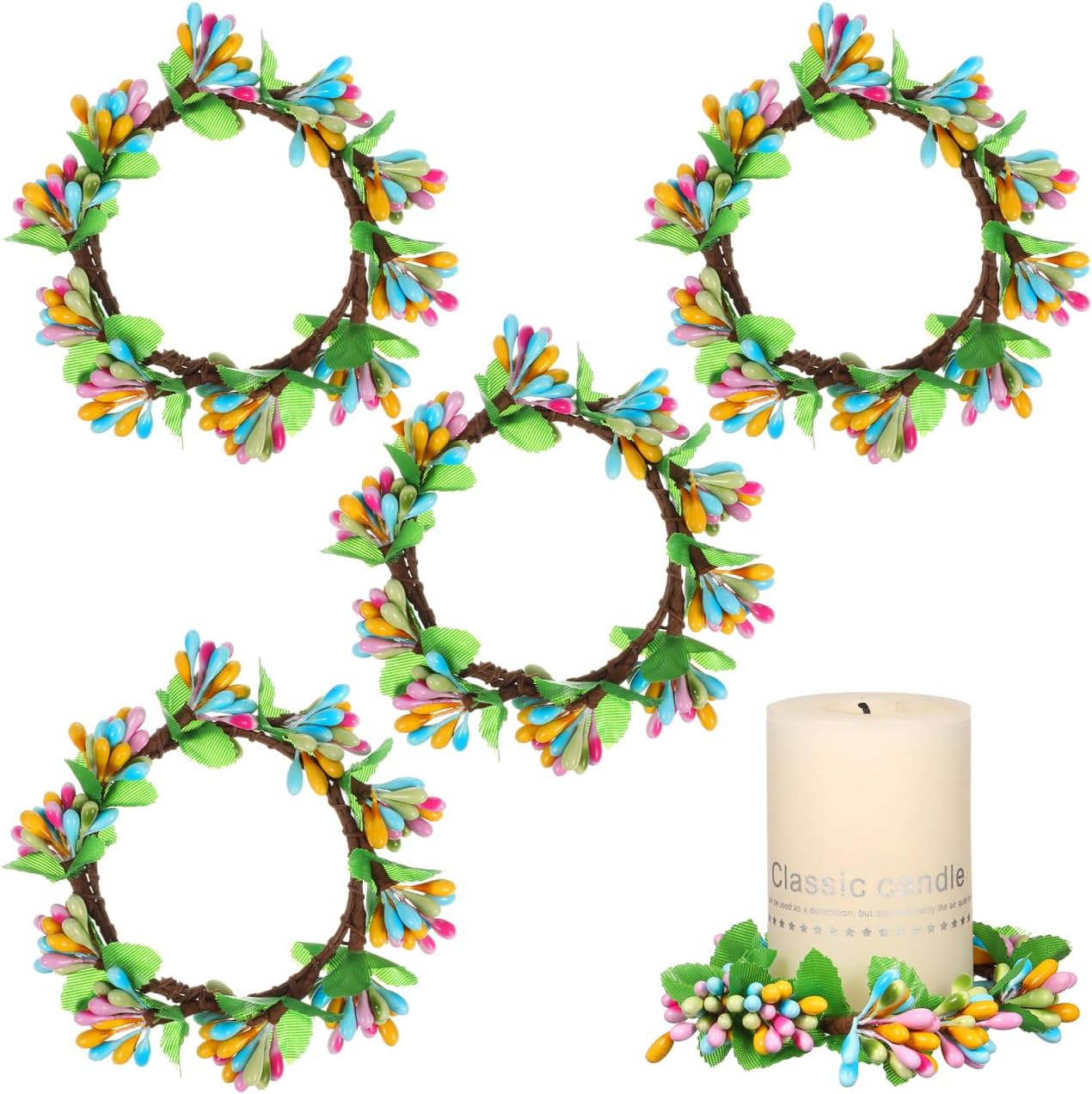 PATKAW 4 PCS Easter Candle Rings Wreaths, Spring Mini Artificial Greenery Wreath for Pillar Candles, Floral Leaf Candl·e Ring Decor for Holiday Party Table Centerpiece, Home Kitchen Decoration BST202