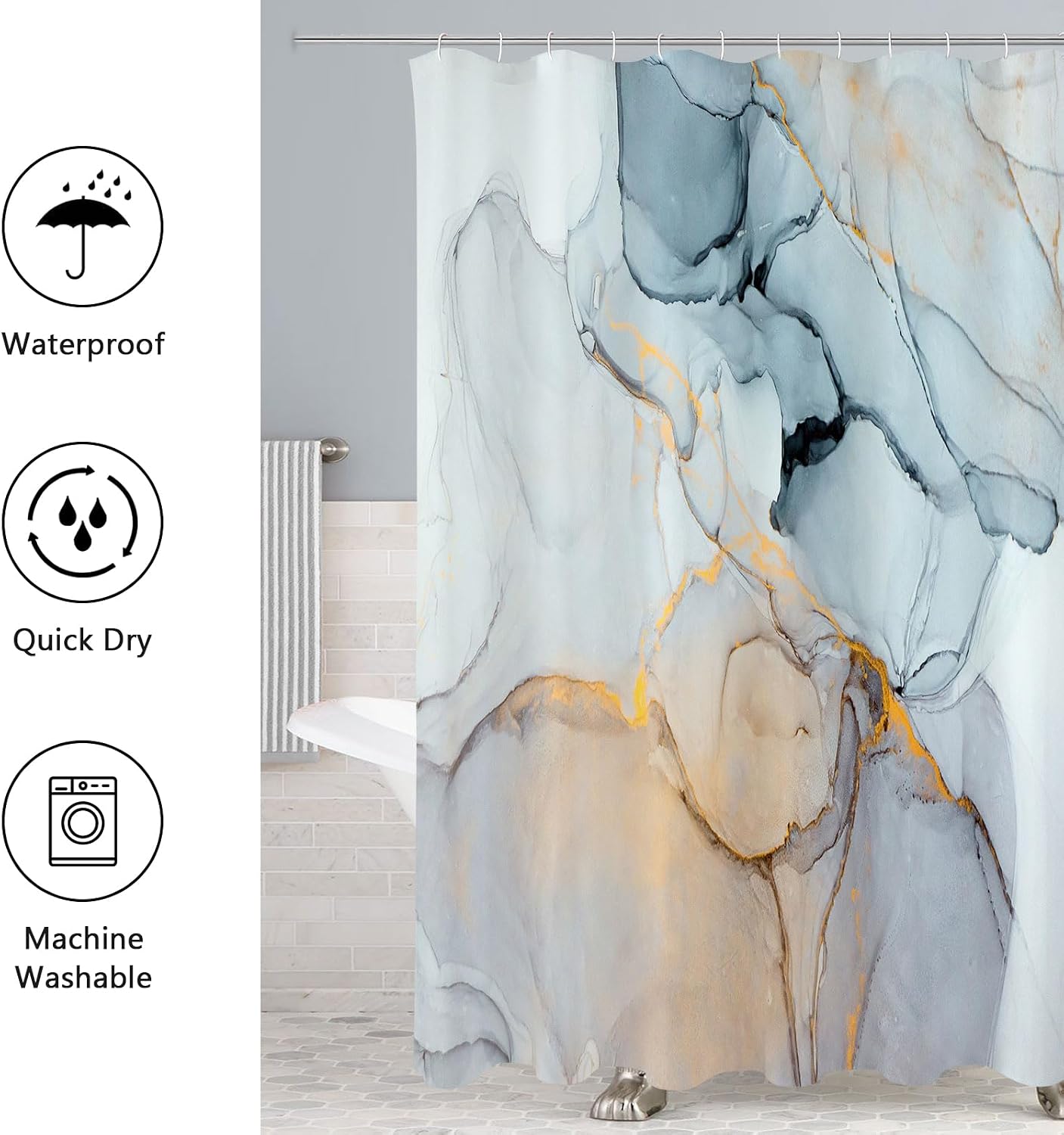 Gibelle 4 Pcs Bathroom Shower Curtain Set with Non-Slip Rugs, Toilet Lid Cover and Bath Mat, Grey Blue Marble Bathroom Decor Set with Shower Curtain and Rugs and Accessories BST326H