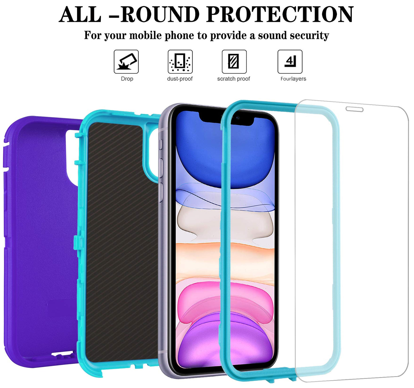 for iPhone 11 Case with Belt Clip Holster Kickstand & 2 Screen Protector, Full Protection Heavy Duty Phone Case, Shockproof Drop-Proof Durable Cover 6.1" [Black+Clip] WN420