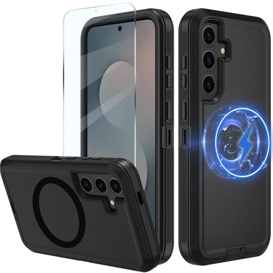 Magnetic Case for Samsung Galaxy S25 FE 5G Case, S25 FE Heavy Duty case, [Glass Screen Protector] [Military Grade Protective ] [Shockproof] [Dropproof] [Dust-Proof] (Black-MAG)