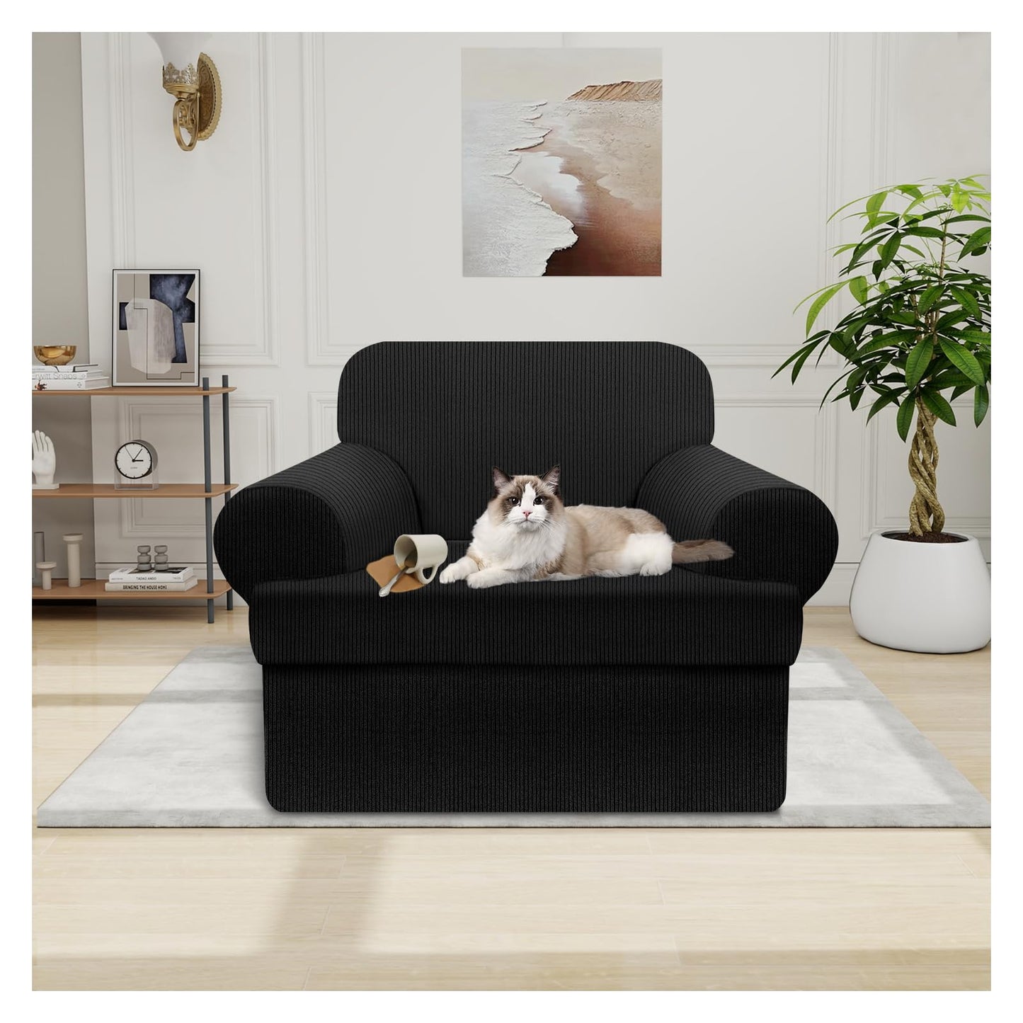 Waterproof Chair Cover with Arms 2-Piece Set Striped Slipcover for 1 Separate T Cushion Couch - TPU Fabric Armchair Covers Leakproof Couch Protector for Kids, Pets(Chair, Beige) BST220
