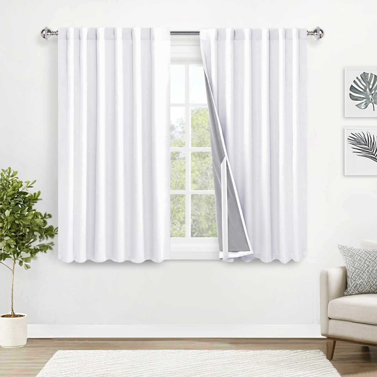 XWZO White Blackout Curtains with Tiebacks - Rod Pocket & Back Tab Heat and Full Light Blocking Window Panels for Bedroom/Nursery, 84 Inches Long Thermal Insulated Draperies, W42 x L84, Set of 2 BST326H