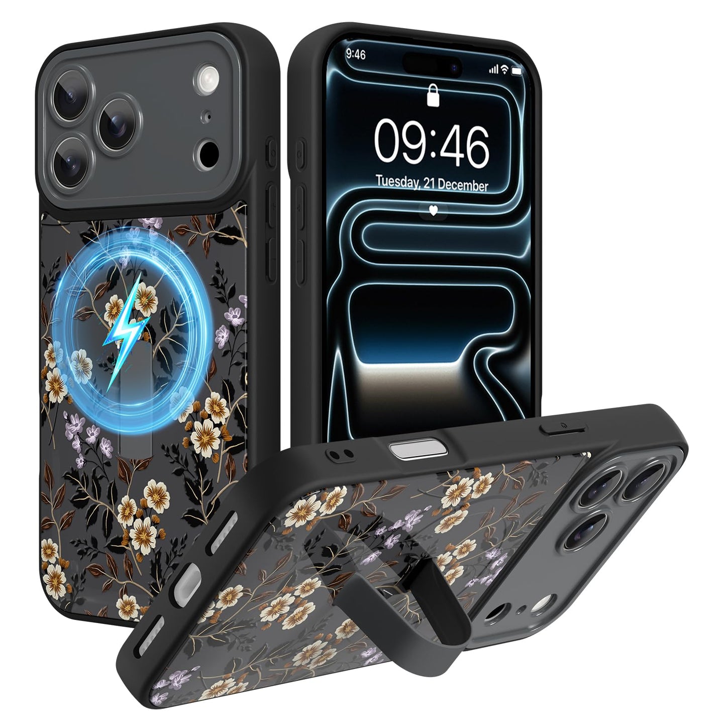 Compatible with iPhone 13 Case, Cute Cheetah Leopard Pattern | Built in Adjustable Wrist Strap Grip Hand Holder Stand Shockproof Kickstand Cover for Women Girls (Black White) WN420
