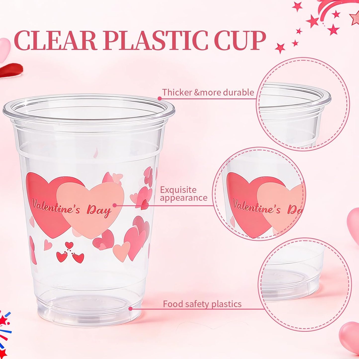 50 Pcs 12oz Valentine's Day Plastic Cups Clear Disposable Cups with Pink Hearts | Valentine Party Cups, Galentine's, Party Supplies, Bulk Drinkware WN420