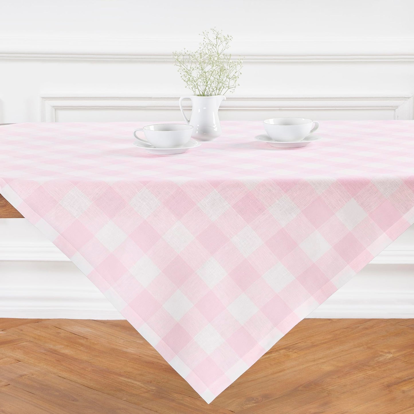 Solino Home 100% Pure Linen Rectangular Tablecloth Pink Check, 60 x 120 in | Buffalo Check Linen Table Cloth for dining and entertaining | buffalo checkered weave | Marshmellow Pink | OEKO-TEX Certified BST326SOLH