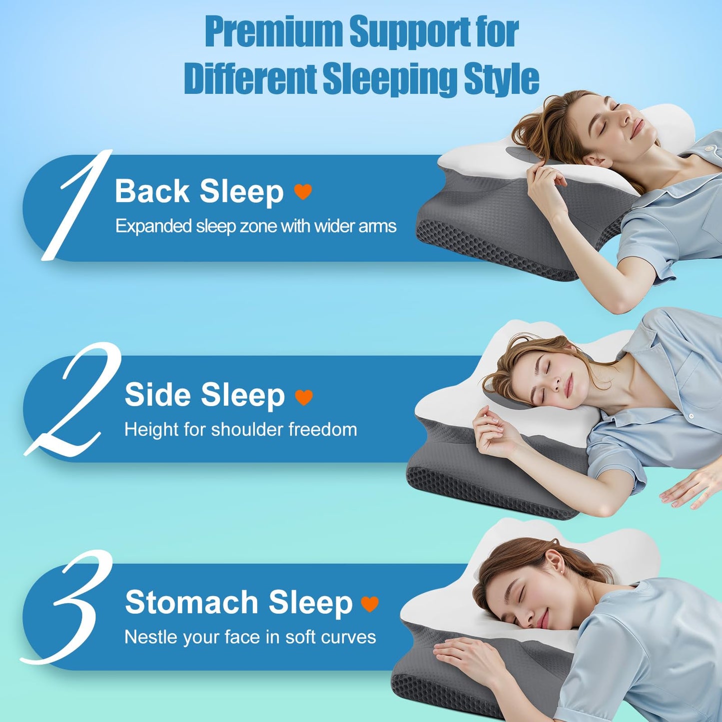 Cervical Neck Pillow for Sleeping, Memory Foam Pillow for Neck Support, Ergonomic Pillow for Pain Relief, Contour Bed Pillow for Side Back Stomach Sleepers, Grey, Queen Size BST220