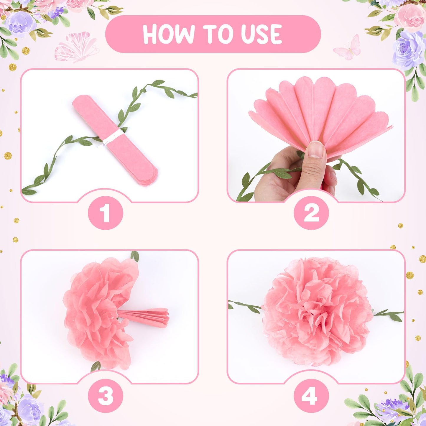 kreat4joy 4pack Pink Purple Tissue Paper Pom Poms Flowers Garland Leaf Ribbon 98.42inches Pre-Strung Reusable Ceiling for Birthday Baby Shower Wedding Bridal Shower Home Event Wall Party Decoration BST220