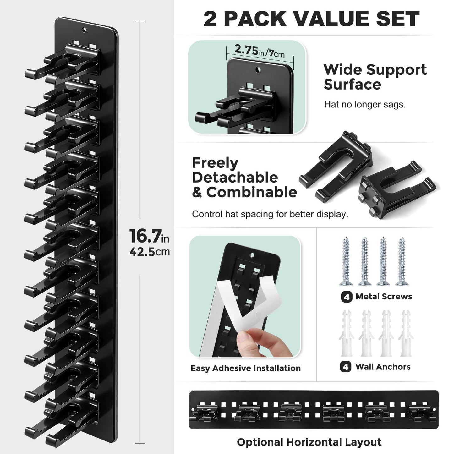 Hat Hook for Wall, 2 Pack Hat Organizer Hold up to 20 Hats,Hat Holder with Strong Adhesive and 8 Pack Screws, Cap Holder Hat Hangers for Wall Closet Door and Bedroom(B-Black) BST220