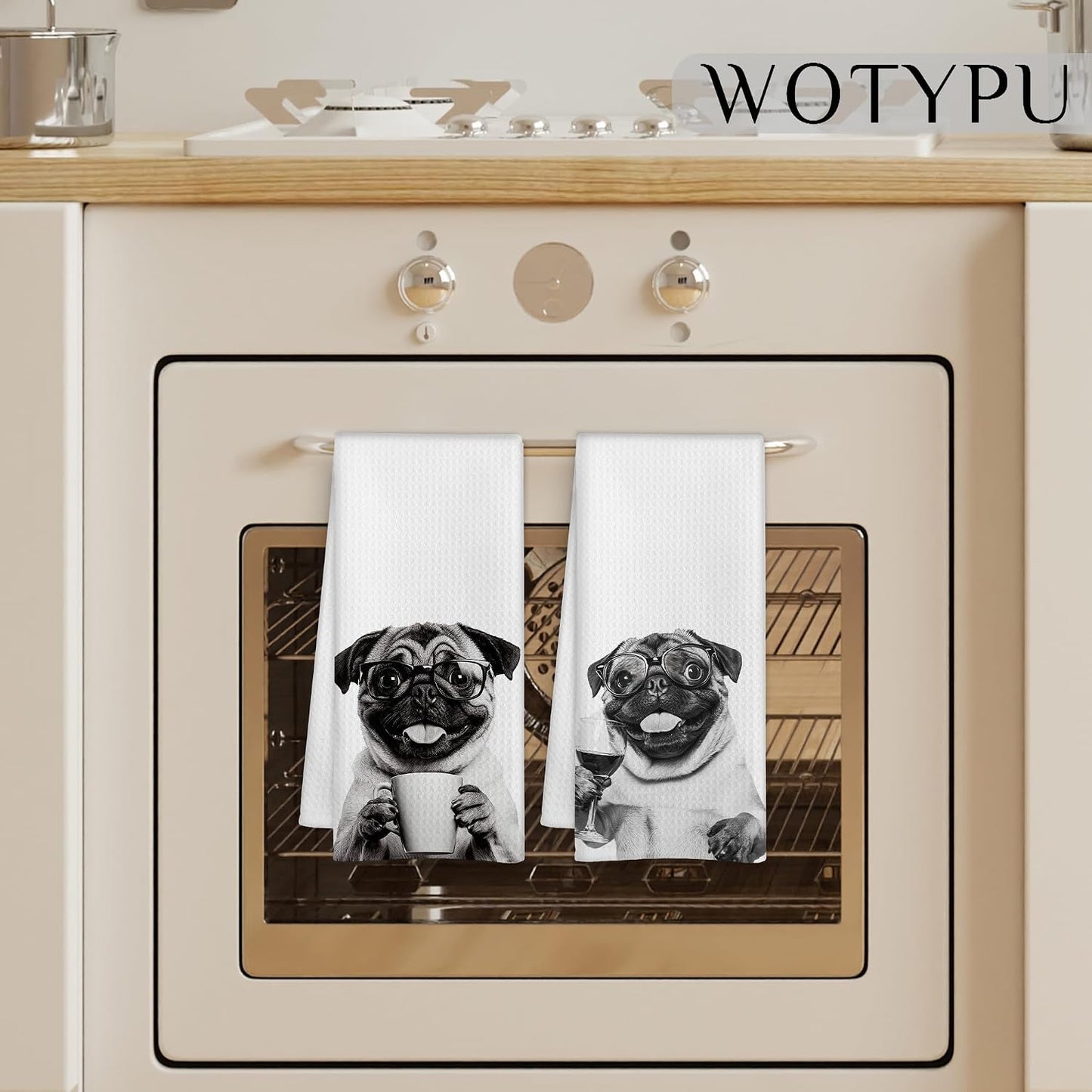 Funny Pug Kitchen Bar Towels, Gifts for Pug Lovers Dish Tea Towel, Wine Coffee Lover Gifts Decorative Hand Towels for Kitchen Bar Cart Decor, 16x24 Inch Set of 2 BST326L
