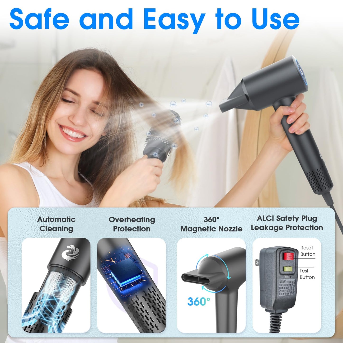 KARFUN Hair Dryer, 110000 RPM High-Speed Brushless Motor Fast Drying Blow Dryer, 57dB Low Noise Hair Dryer for Home or Travel, 3 Temps & 2 Speeds (Black)
