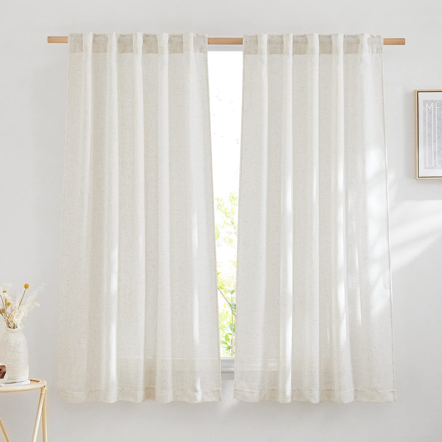 NICETOWN White Semi Sheer Kitchen Curtains 30 inch Length, Rod Pocket & Back Tab Faux Linen Blend Privacy with Light Filtering Window Drapes for Cafe, W34 x L30, 2 Panels BST220