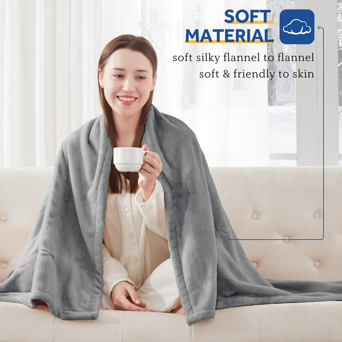 Sealy Heated Electric Blanket Queen Size, Flannel Electric Blanket with 10 Heating Levels & 1-12 Hours Auto Shut Off, Fast Heating Warming Blanket, Machine Washable, Grey, 84 x 90 Inch