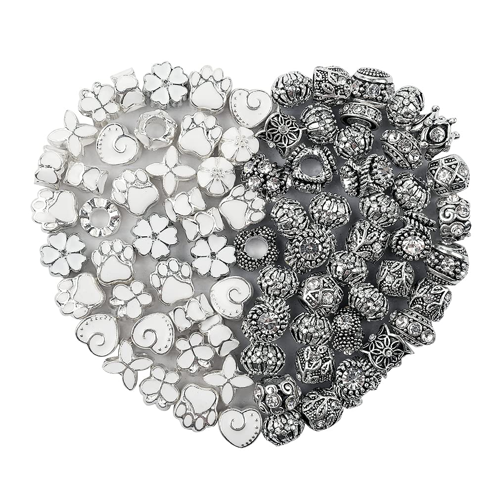 60 Pieces Assorted European Beads with Plating Silver Metal Alloy Rhinestone Large Hole Spacer Beads for DIY Charm Bracelet Jewelry Making (Blue) BST220