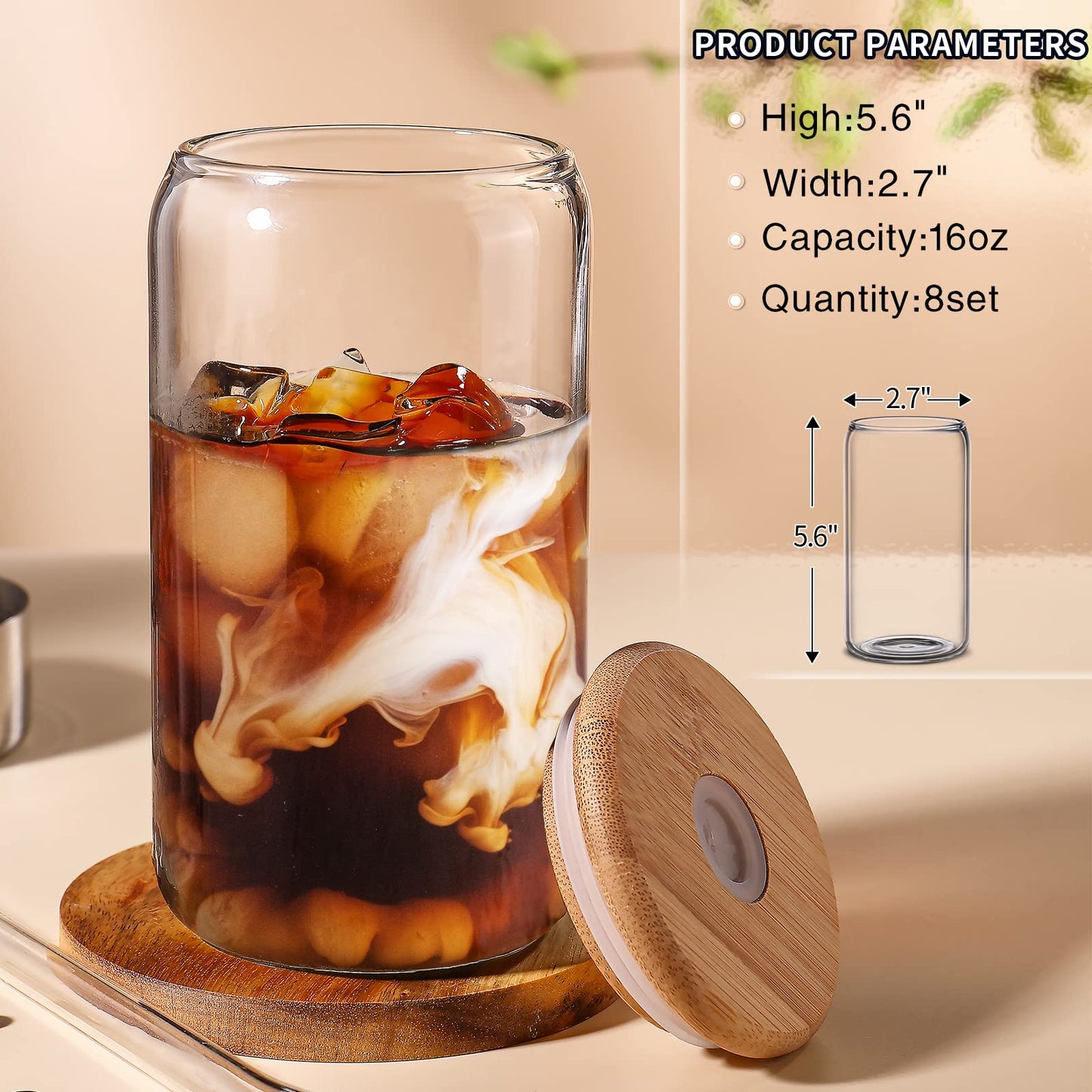 DWTS DANWEITESI Glass Cups “20oz”,Glass Cups with Lids and Straws 4 pcs-Coffee Cups,Drinking Glasses Set,Glass Tumbler with Straw and Lid Gift 2 Cleaning Brushes 600ml BST202