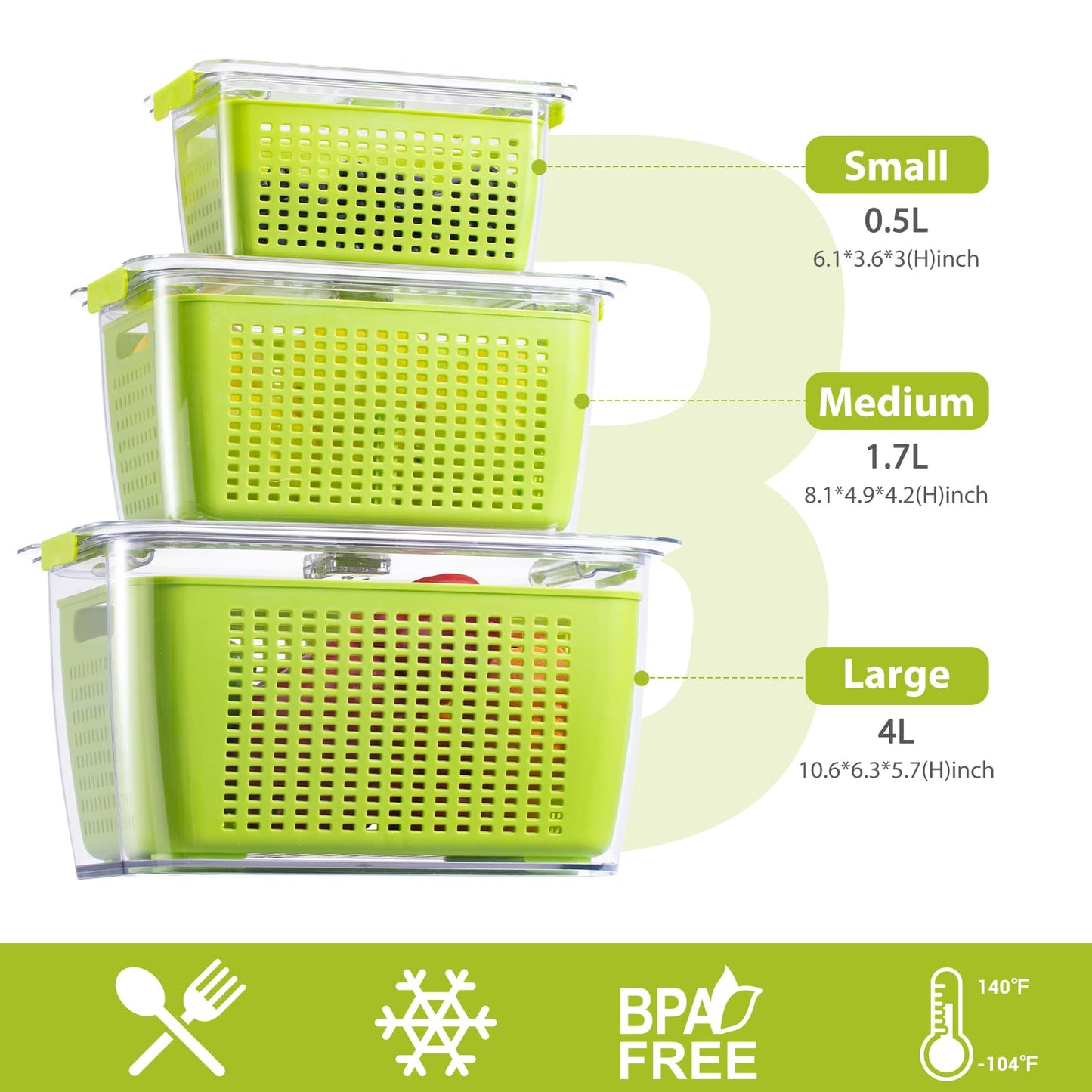 LUXEAR 4 Pack Fruit Vegetable Containers for Fridge, Produce Saver Container with Lids &Removable Colander BPA-free Refrigerator Storage Organizer for Fruit Vegetable, Berry, Meat keep Fresh Longer DD1210