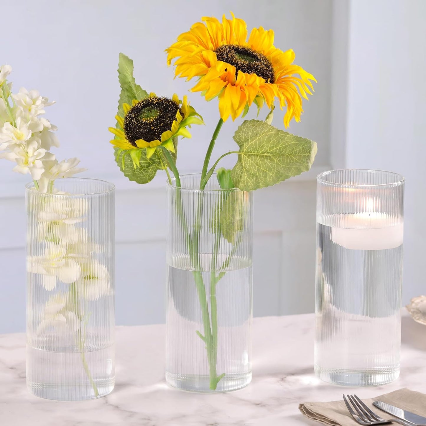 Glass Ribbed Cylinder Vases, 8 Inch Tall, Clear, Pack of 3 | Flower Vases in Bulk, Hurricane Floating Candle Vases, For Party Home Decor BST326H