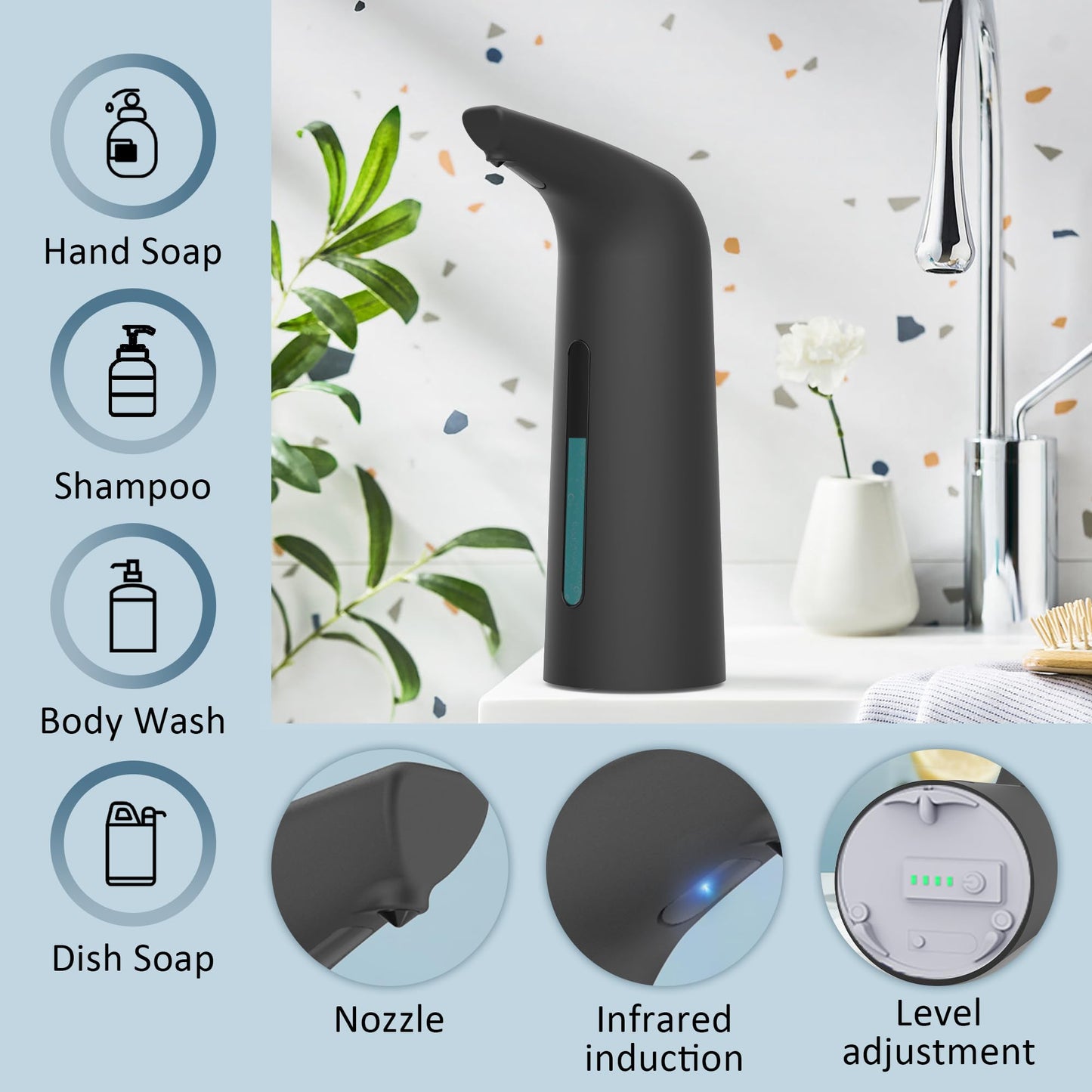Automatic Soap Dispenser Touchless,400ML Hand & Dish Countertop Electric Liquid Dispenser with Sensor,Modern 4 Gear Adjustable Black Waterproof Battery Operated Kitchen Auto Soap Pump WN420