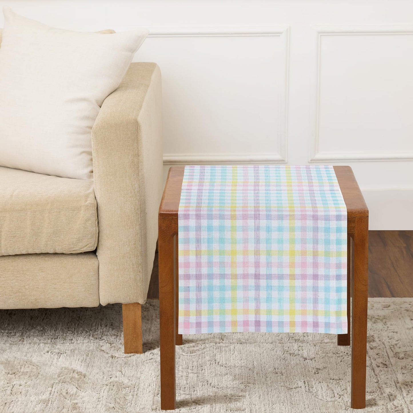 Solino Home 100% Pure Linen Table Runner Apricot, Gingham Check 14 x 36 in | Table Runners for nightstands, end tables, coffee tables and dressers | checkered weave, mitered corners | OEKO-TEX Certified BST326SOLH