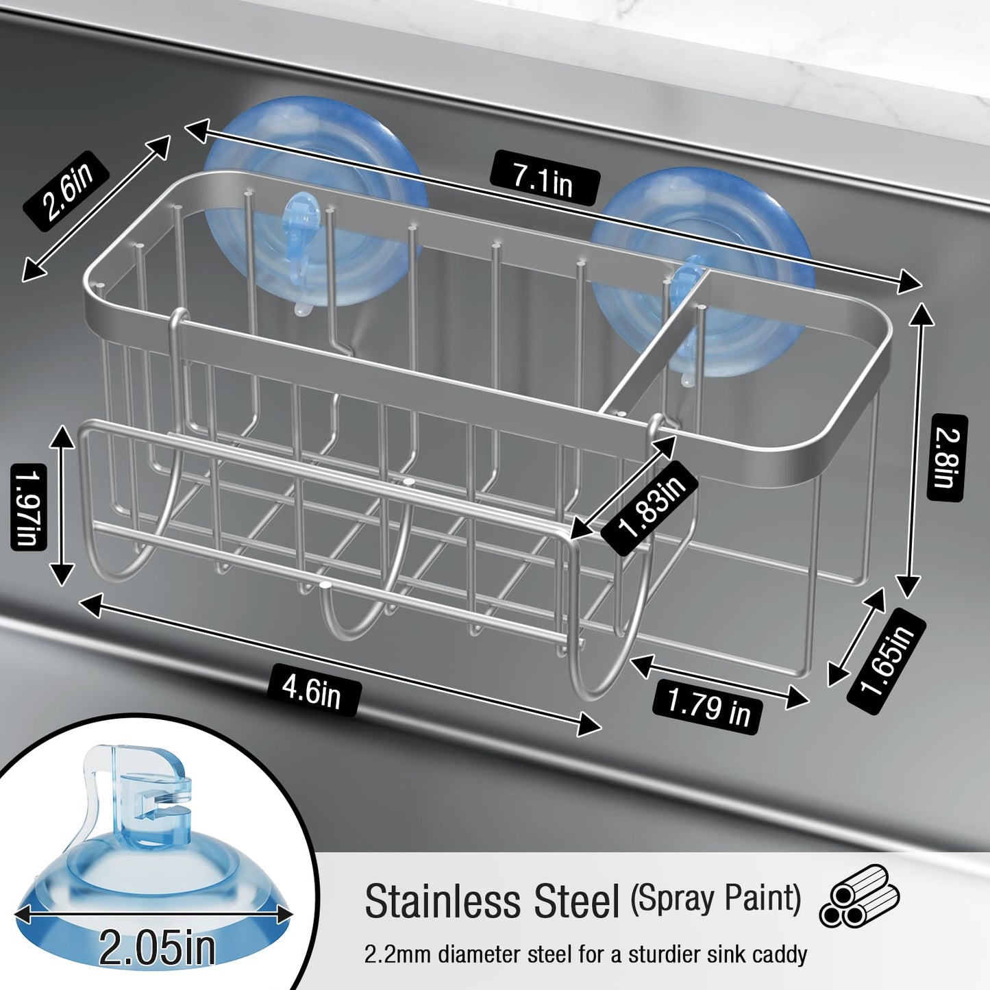 3-in-1 Kitchen Sink Caddy Organizer with Sponge Holder, Brush Holder, Extra Rack for Scrubber, Sink Stopper, Dish Cloth Hanger - Strong Dual Suction Cup, 2.0mm SUS304 Stainless Steel - Grey WN420