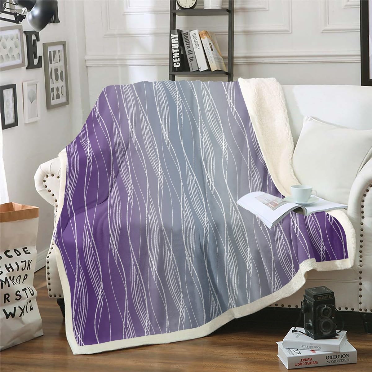 Erosebridal Boys Blue Red Throw Blanket 40"X50" Abstract Ombre Kids Fleece Bed Blanket Geometric Striped Sherpa Blanket Silver White Wavy Line Warm Fuzzy Blanket Soft Lightweight Bedroom Decor BST326H