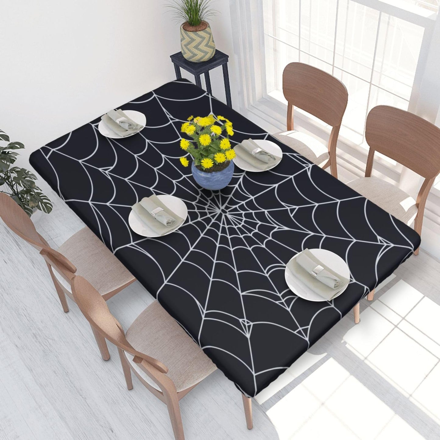 Blue Petal Mandala Pattern Tablecloth with Elastic Edge, Round Table Cover Washable Reusable Bohemian Table Cloths for Kitchen Dining Party, Medium (Fits 45-50 in) BST202