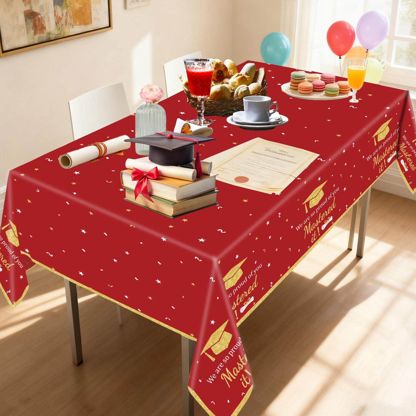 3PCS Mastered It Graduation Tablecloth Black Gold Congrats Grad Table Cover Plastic Master's Graduation Party Supplies for Class of 2026 Master College Disposable Decorations WN420