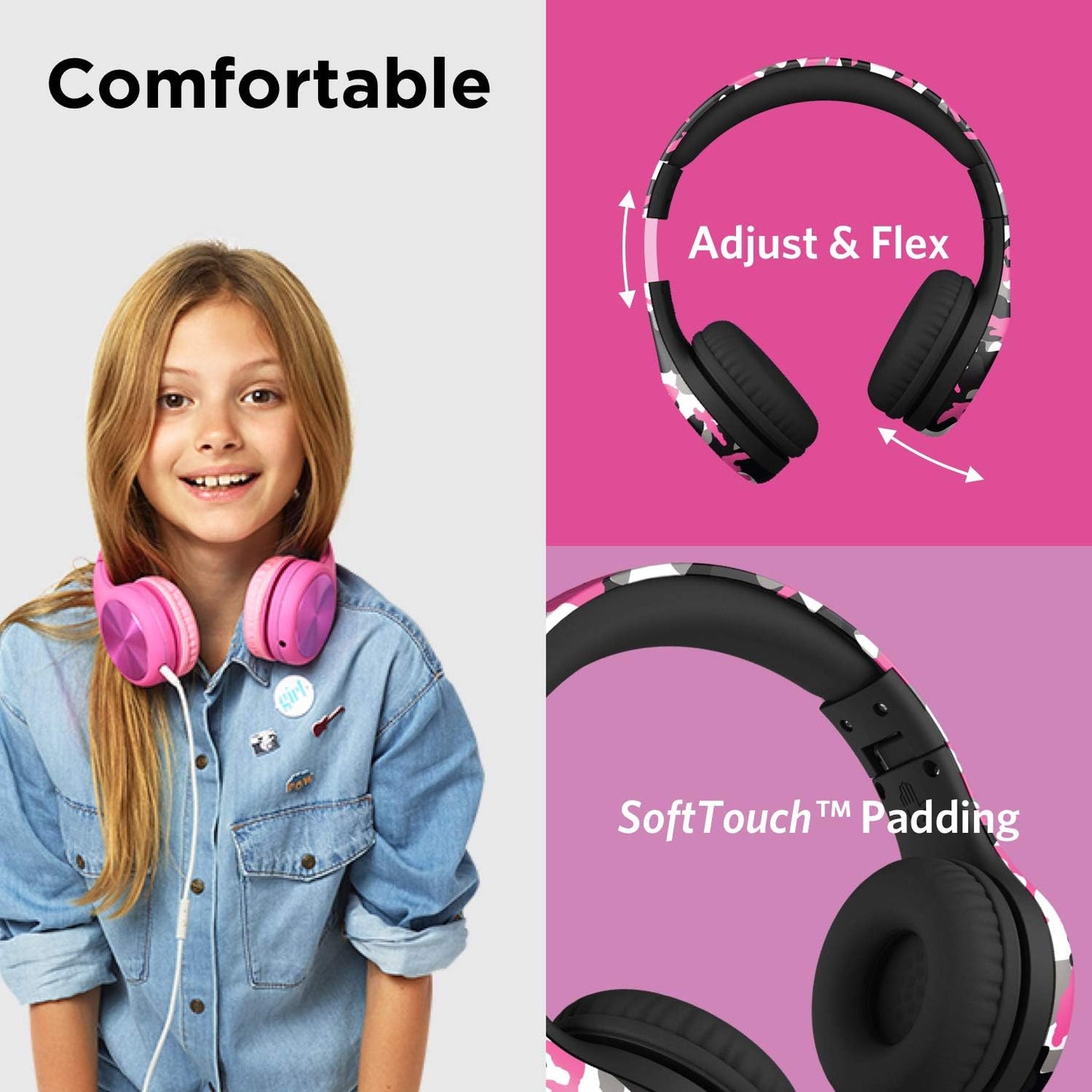 LilGadgets Connect+ Pro Wired Kids Headphones for School with Microphone, Volume Limiting Over-Ear Headset with Cord, SharePort Technology & SoftTouch Padding, Blue