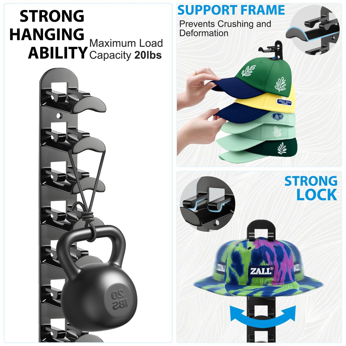 Hat Hook for Wall, 2 Pack Hat Organizer Hold up to 20 Hats,Hat Holder with Strong Adhesive and 8 Pack Screws, Cap Holder Hat Hangers for Wall Closet Door and Bedroom(B-Black) BST220
