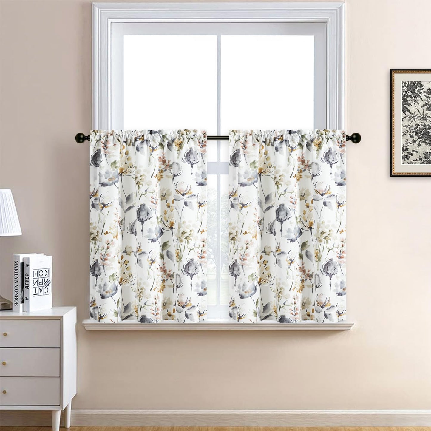 Leeva Farmhouse Kitchen Valances for Windows, Watercolor Blossoming Floral Print Curtains, Soft Faux Linen Curtain Toppers and Valances for Bedroom, 60 x 14 Inch, Brown & Grey, 1 Panel BST220