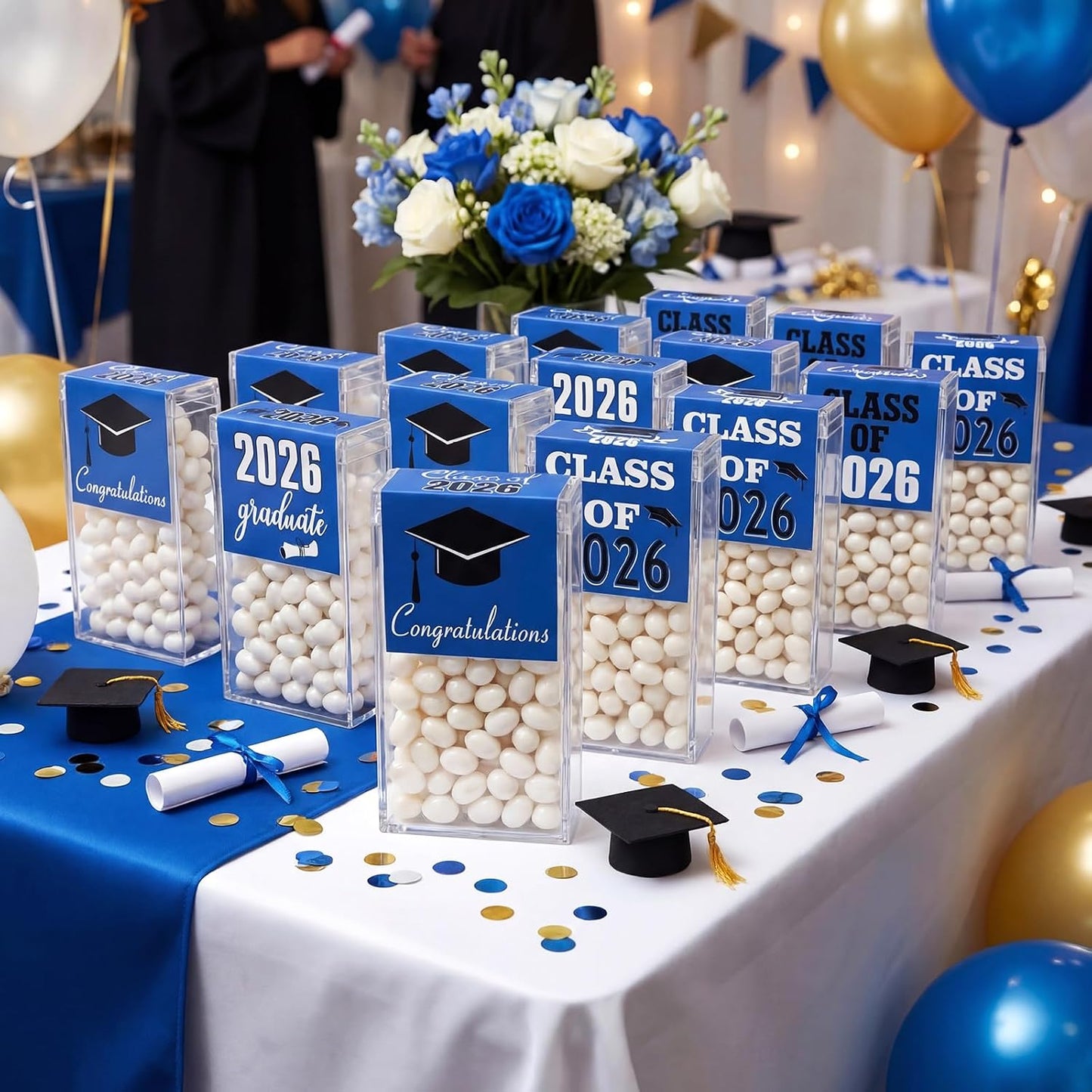 AceOrbit 2026 Graduation Candy Jar Bulk for 24 Guest 3.54 Inch Empty After Dinner Candy Tube Buffet Container Acrylic Box with Sticker for Class of 2026 End of Year Gifts Multi-item Party Favor(Blue) WN420