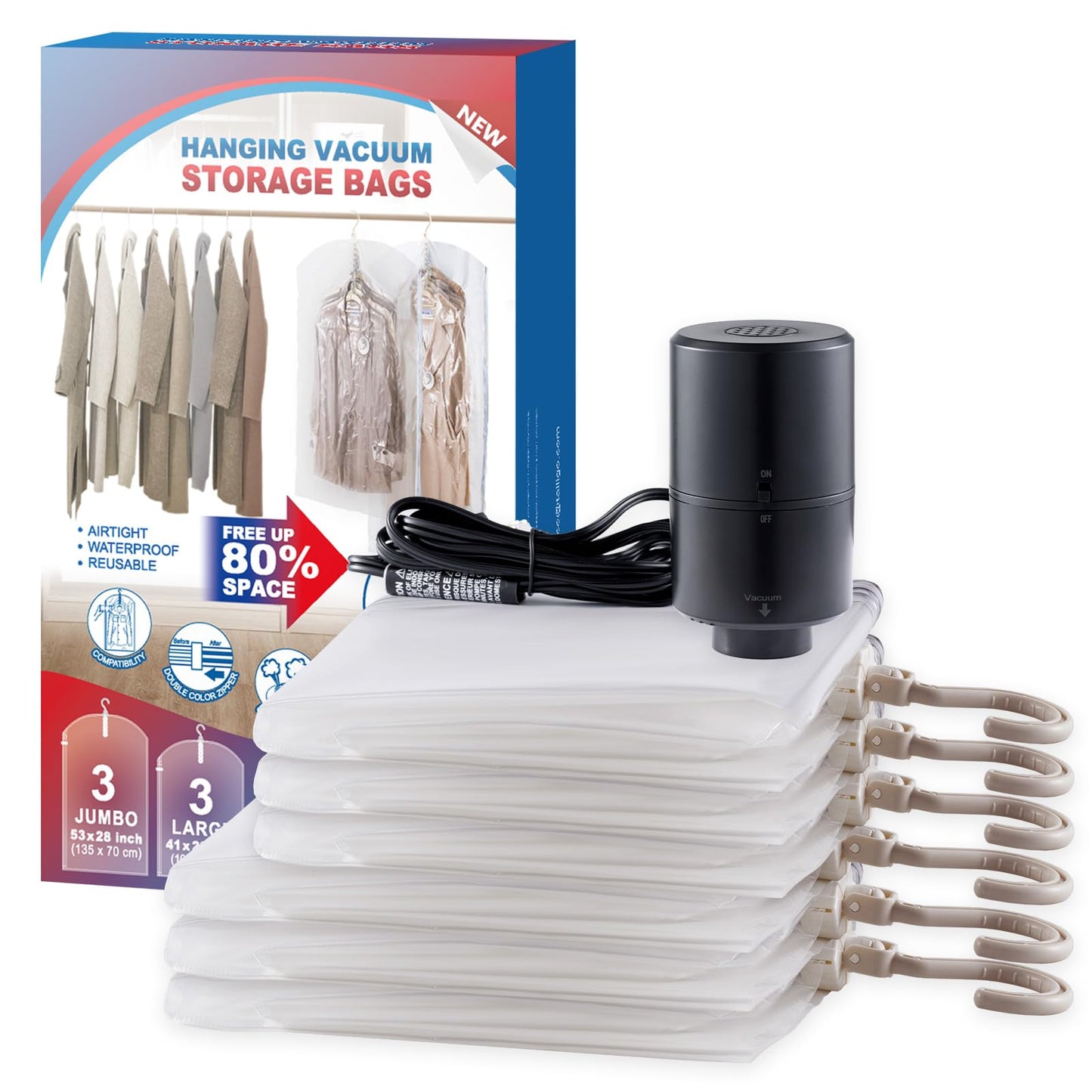 Hanging Vacuum Storage Bags, 6 Pack Hanging Storage Bags for Clothes With Electric Pump N27