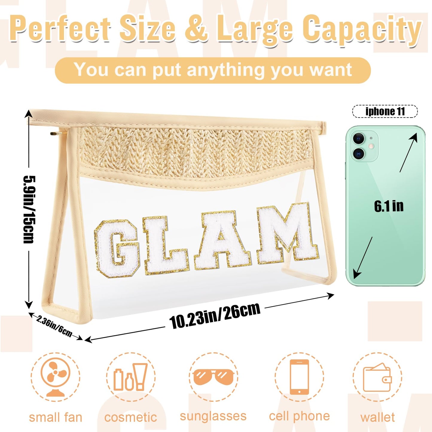 Boho Clear Makeup Bag Cosmetic Zipper Pouch Purse, Clear Toiletry Bags Travel Small Preppy Cute DIY Chenille Letter Bag, Transparent PVC Waterproof Clutch Make Up Organizer Storage Bag for Women Girls BST220
