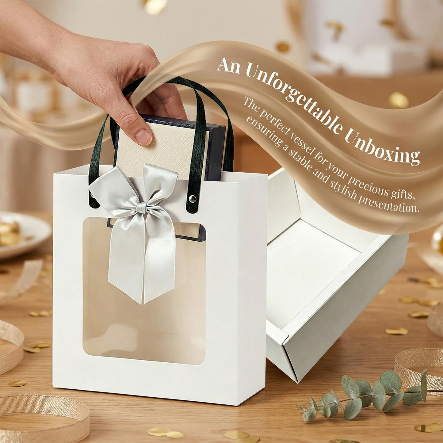 Premium Reusable Gift Bag with Matching Box, Durable Birthday Present Bag, Premium Paper Set for Wedding, Valentine's Party, Friends Celebration (Beige 1pack) BST202