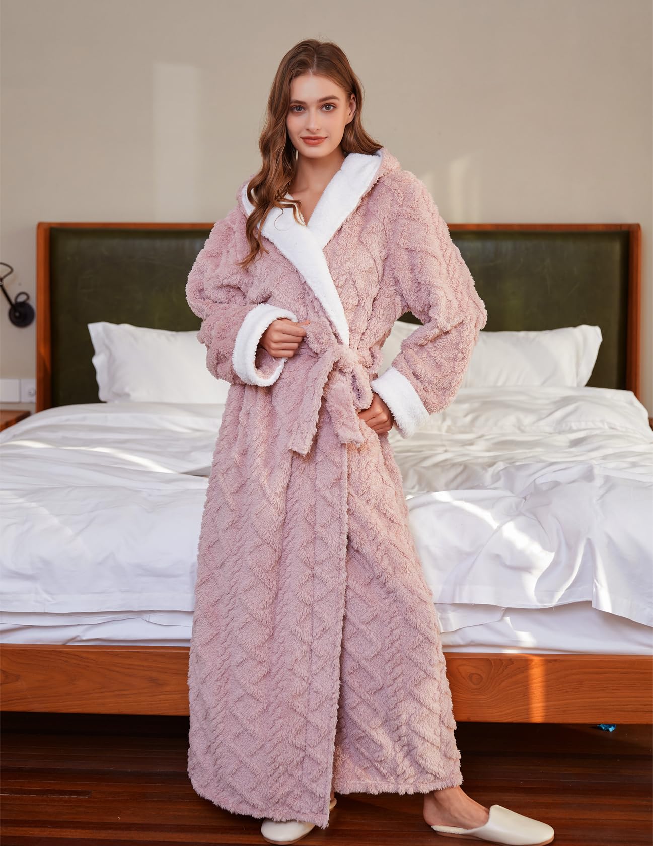 LKG women's robes long plush hooded ladies shower luxury christmas warm fuzzy robes house coat bathrobe for women full length WN420
