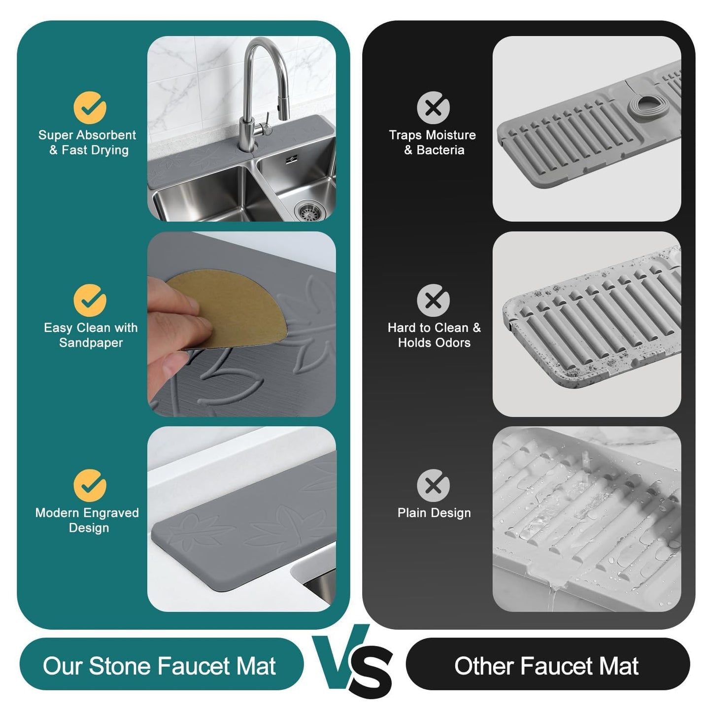 Hopegiver Stone Faucet Mat for Kitchen Sink - Fast Drying Diatomite Sink Protector Prevent Moisture, Super Water Absorbing Stone Tray for Kitchen & Bathroom Counter (White, 15.7"x3.9") BST326H