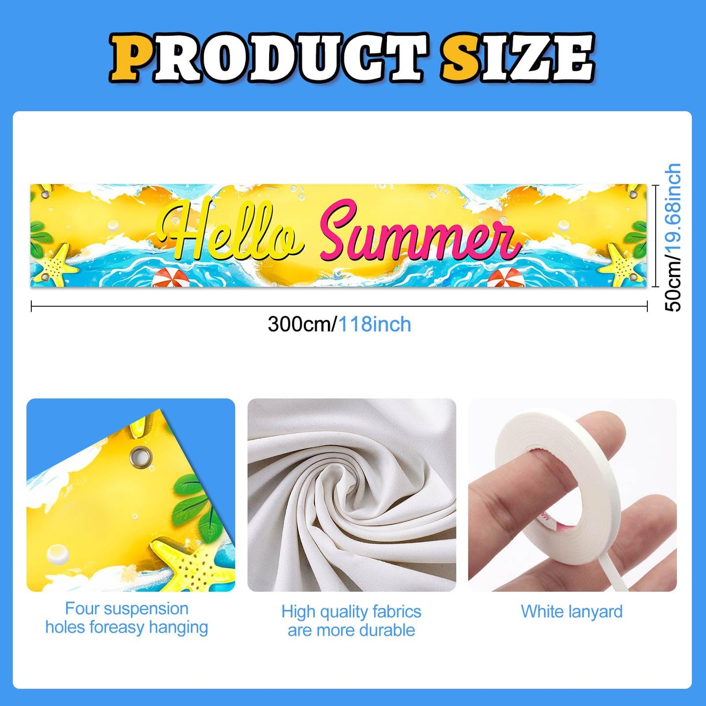 BlissYard Hello Summer Banner 118 x 20 Inch Pool Party Decorations Beach Surfboard Watermelon Tropical Fence Sign Hawaiian Luau Outdoor Backyard Wall Decor BST220