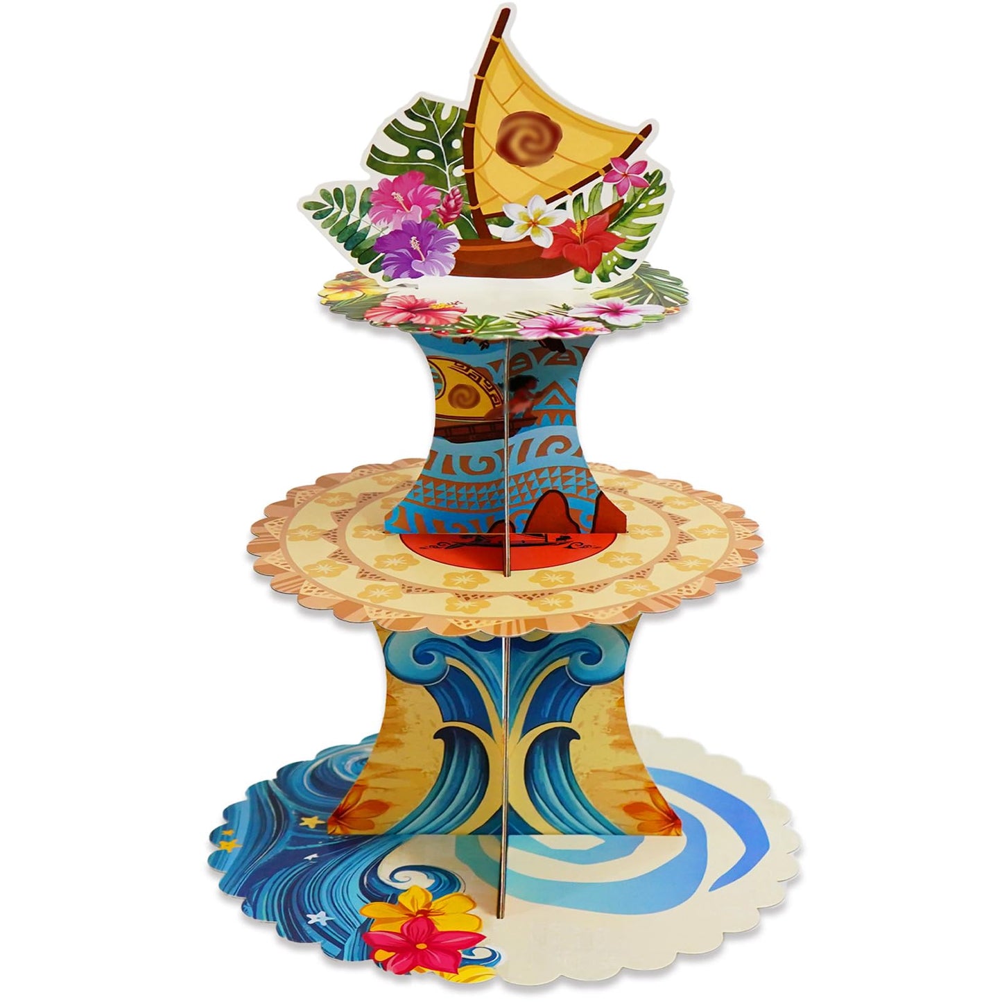 Tropical Hawaiian Birthday Cupcake Stands, Cartoon Movie Theme 3 Tier Paper Cupcake Rack Tropical Flower Party Decorations for Baby Shower Boys Girls Birthday Party Supplies (Fantasy Style) BST220