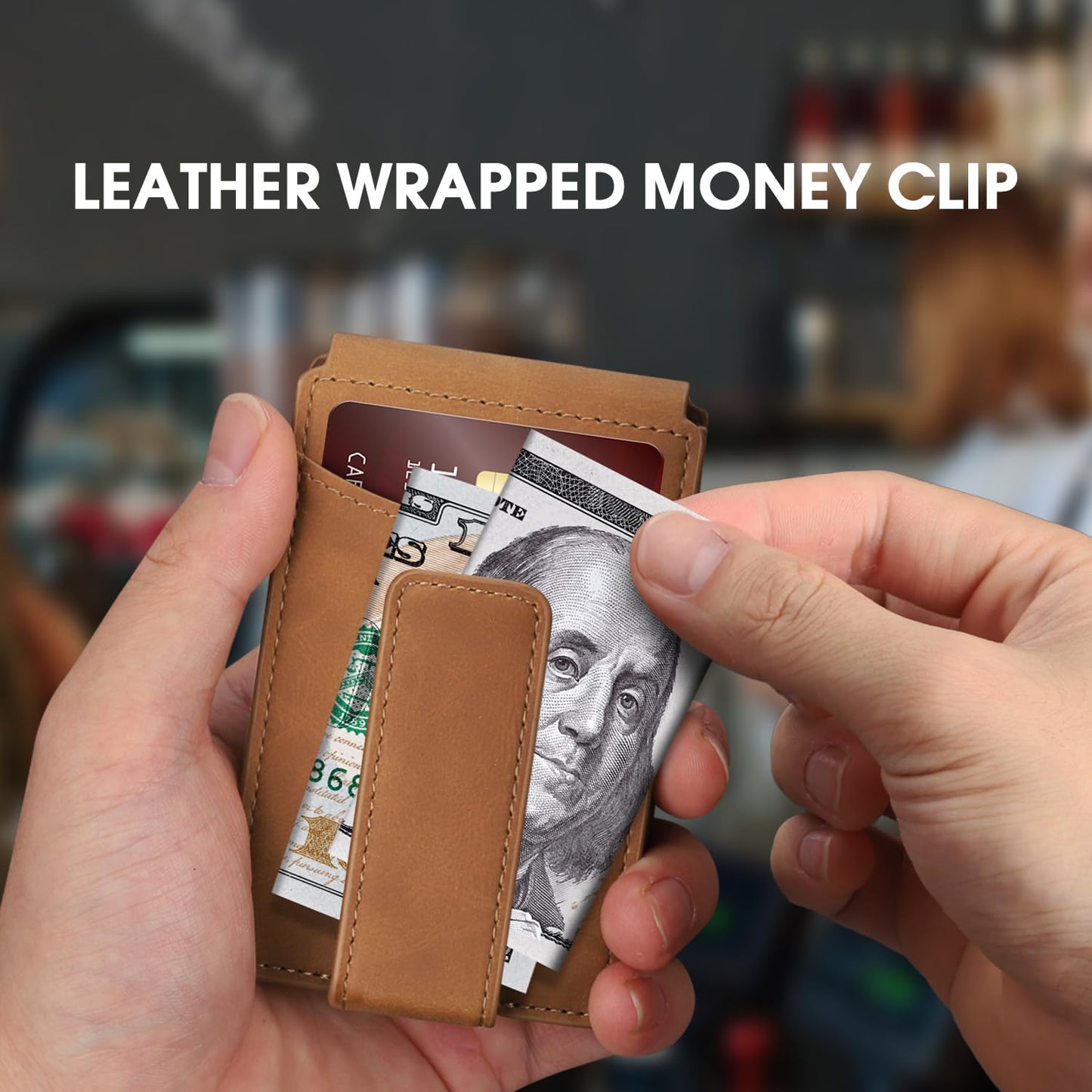 Wallet for Men RFID Blocking Card Holder, Genuine Leather Slim Pop up Card Case, Minimaslit, Front Pocket, 9-13 Card Capacity, ID Window, Money Clip(Carbon) BST220