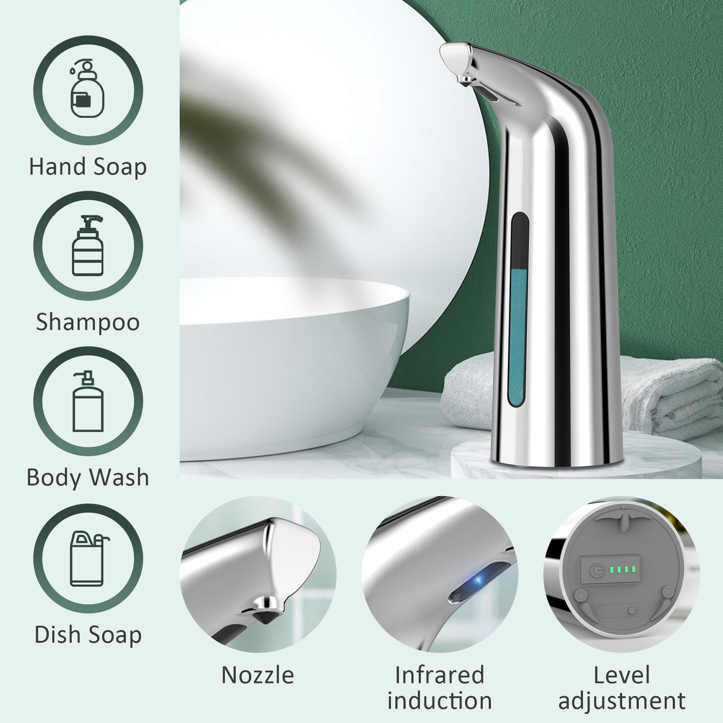 Automatic Soap Dispenser Touchless,400ML Hand & Dish Countertop Electric Liquid Dispenser with Sensor,Modern 4 Gear Adjustable Black Waterproof Battery Operated Kitchen Auto Soap Pump WN420