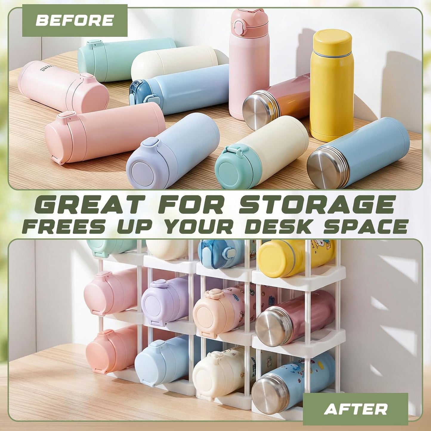 Reallnaive Water Bottle Organizer for Classroom Hydration Station Hold 12 Bottles Back to School Student Cup Water Bottle Holder Stackable ABS Plastic Rack for Office School Classroom Tumbler Storage BST202