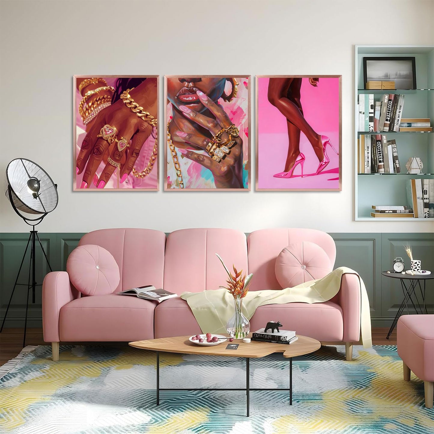 3Pcs Pink Fashion Black Girl Canvas Wall Art African American Black Woman Wall Decor Pictures Gorgeous Black Girl Posters Prints for Living Room Bedroom Artwork Home Decoration Unframed BST326H