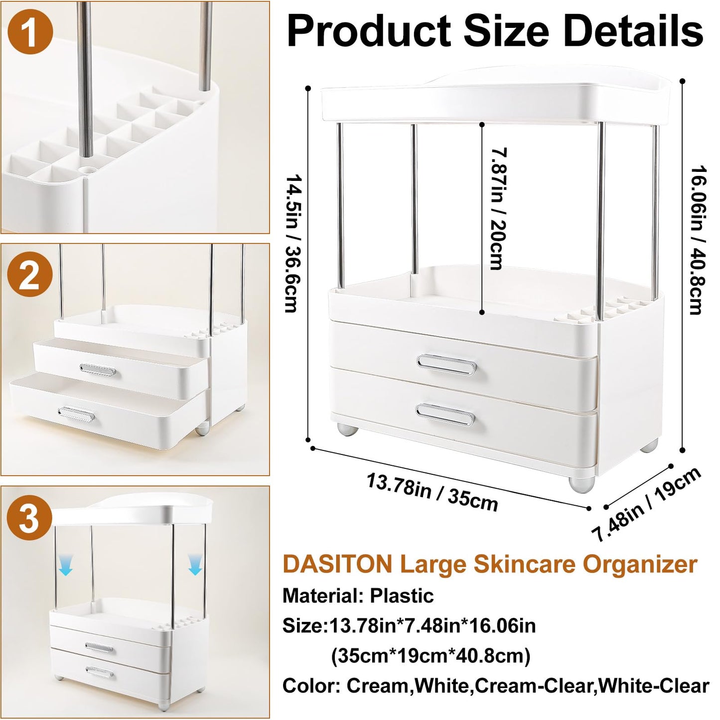 DASITON 4 Tiers Makeup Organizer, 2 Drawers Large Cosmetic Organizers for Vanity Bathroom Countertop, Bathroom Organizers and Storage for Skincare, Cosmetic, Perfume, Dresser Organizer (Cream+Clear) BST220
