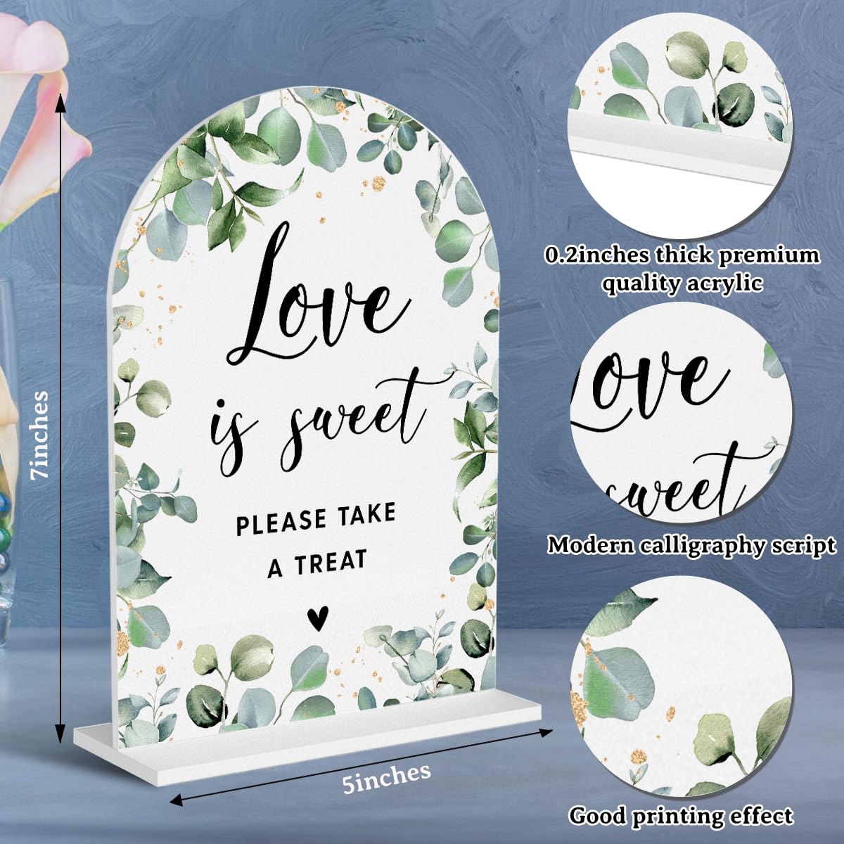 Acrylic Wedding Signs, Bubble Send Off Signs for Marriage Reception, Bridal Shower Decorations, Modern Arched Round Top Acrylic Table Top Sign with Holder for Wedding Party (White Eucalyptus Leaves) BST326L