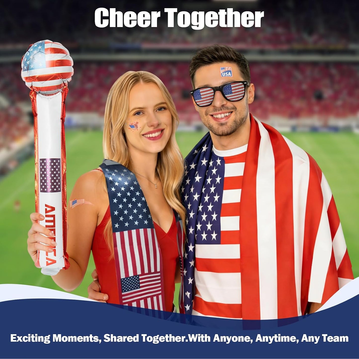 Large American Flag 3x5 Ft 59 x 35 in with Soccer Watch Party Accessories, Temporary Tattoos, Glasses, Scarf, Wristband, Thunder Sticks, Clapper, 2026 World Cup Wall Chart BST202